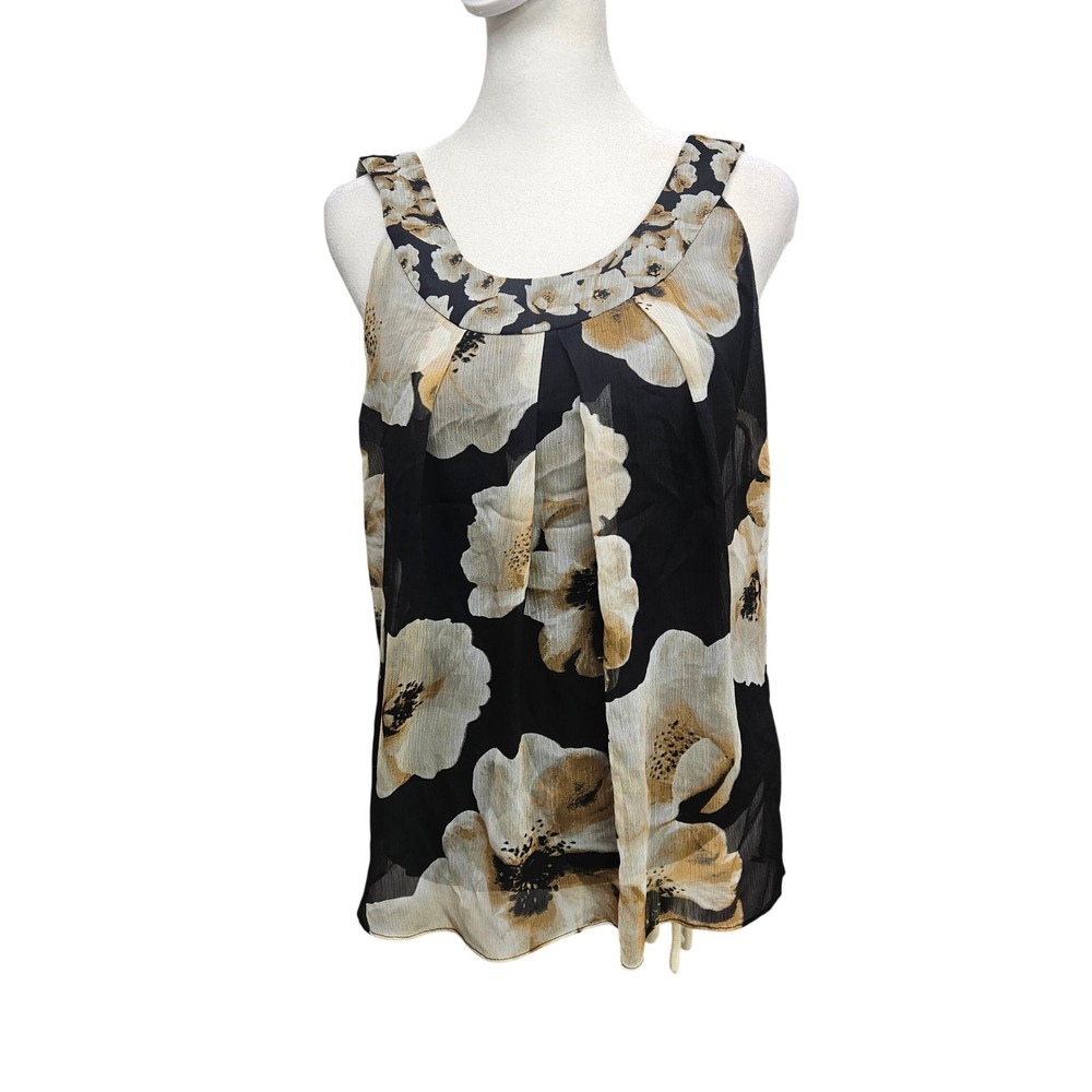 New York & Company Womens Medium Black Floral Pleated Chiffon Tank Top Blouse